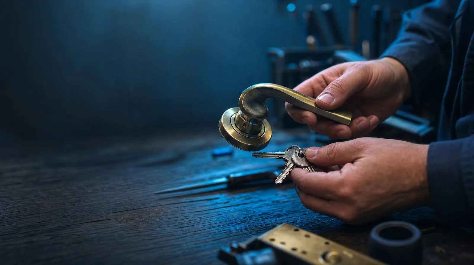 Manos de un técnico cerrajero trabajando con llaves y un pomo de puerta